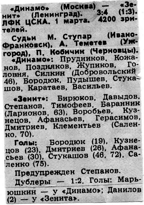 Динамо (Москва) - Зенит (Ленинград) 3:4
