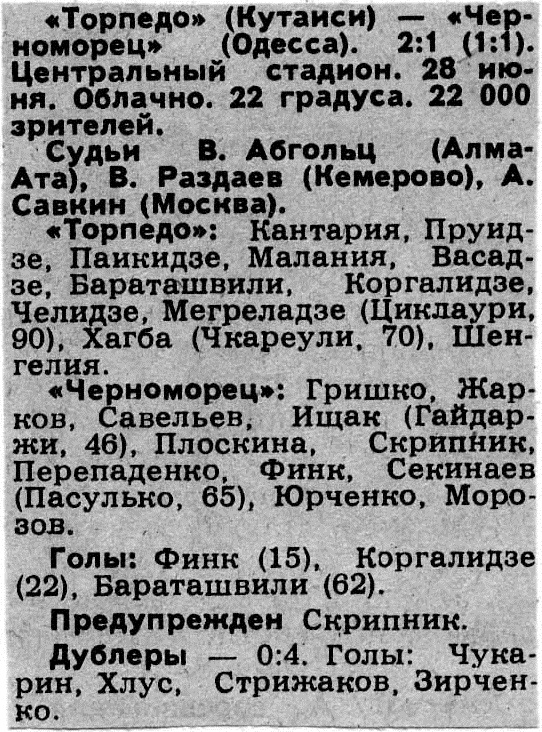 Торпедо (Кутаиси) - Черноморец (Одесса) 2:1