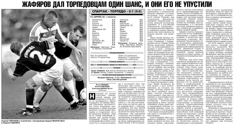 Спартак (Москва) - Торпедо (Москва) 0:1. Нажмите, чтобы посмотреть истинный размер рисунка