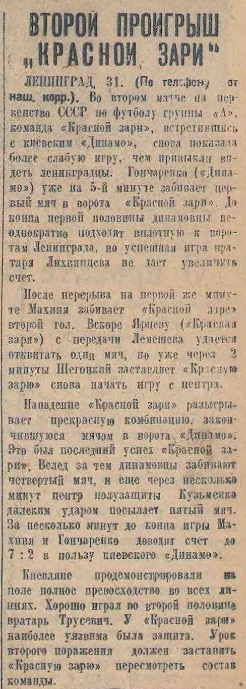 Красная заря (Ленинград) - Динамо (Киев) 2:7