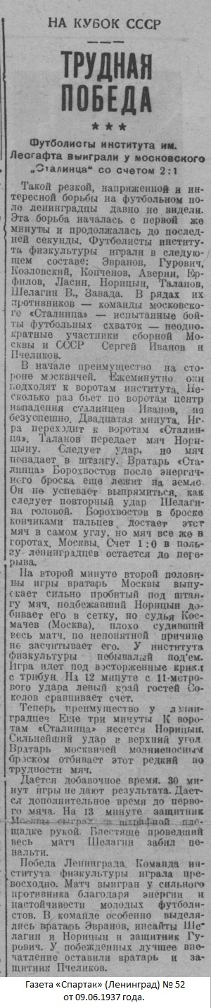 Институт Физкультуры - ГОЛИФК им. П.Ф. Лесгафта (Ленинград) - Сталинец (Москва) 2:1 д.в.