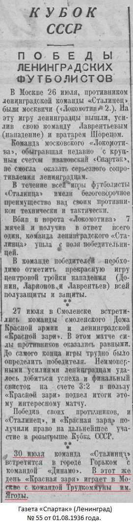 Динамо - трудовая коммуна № 1 им. Г.Г. Ягоды (Болшево) - Красная Заря (Ленинград) 0:2