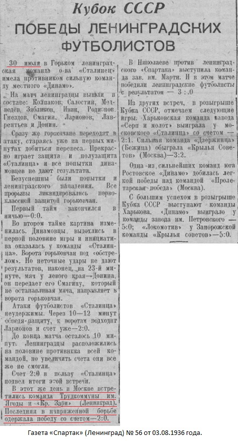 Динамо - трудовая коммуна № 1 им. Г.Г. Ягоды (Болшево) - Красная Заря (Ленинград) 0:2