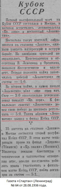 Локомотив (Москва) - Красная Заря (Ленинград) 5:0
